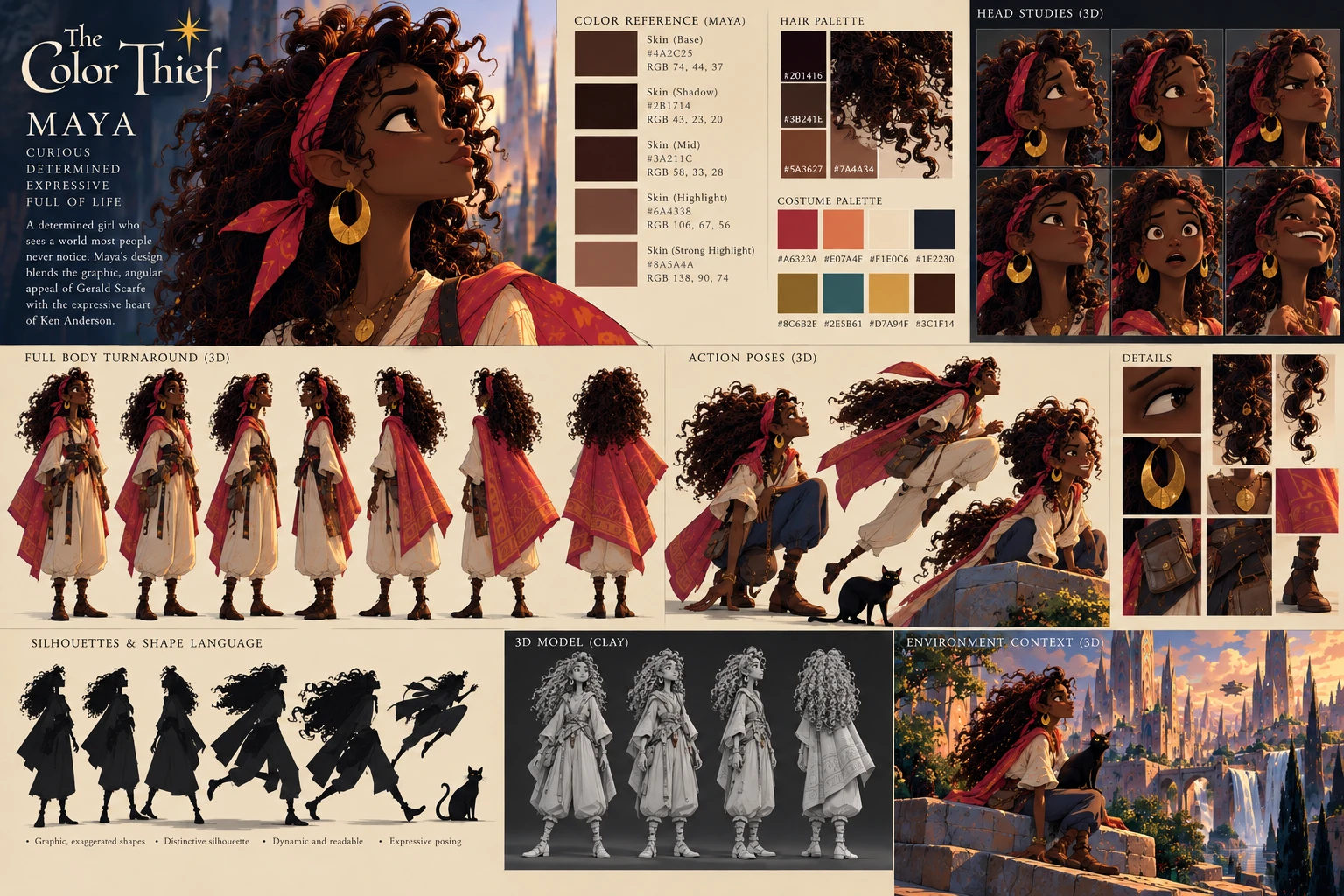 Approved Maya character design reference showing the fixed deep-brown skin palette, 3D head studies, costume, action poses, grayscale clay studies, and environment explorations