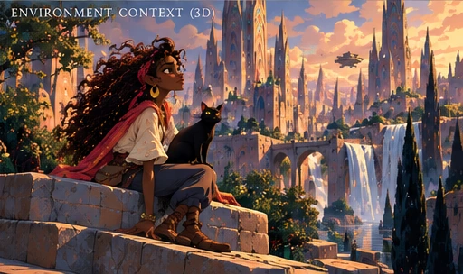 Approved visual development artwork depicting Maya in her red cloak with a black cat beside Prismara's towers and waterfalls