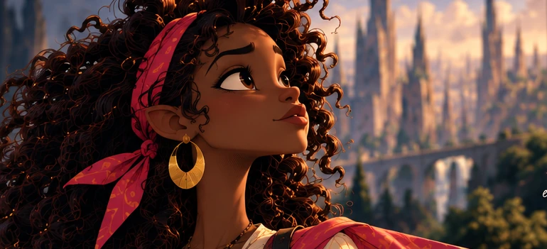 Approved character art exploration of Maya with deep brown skin, sculptural curls, a red scarf and gold earrings