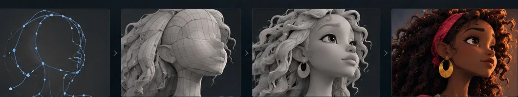 Four-part concept progression, from a spline silhouette to a gray modeled head and a color character illustration